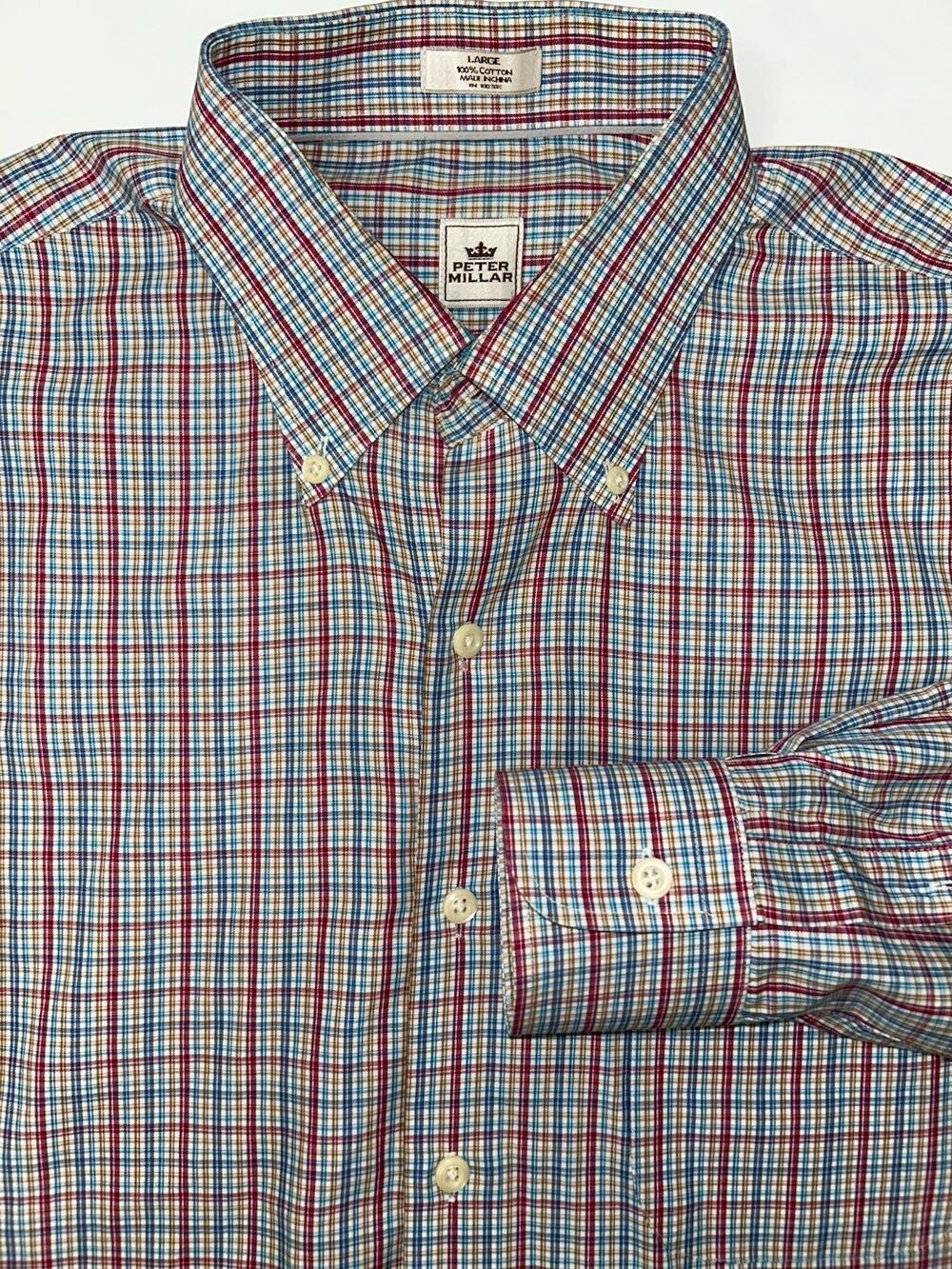 Peter Millar Red Blue Plaid Button Down Long Sleeve Casual Shirt Men's Large